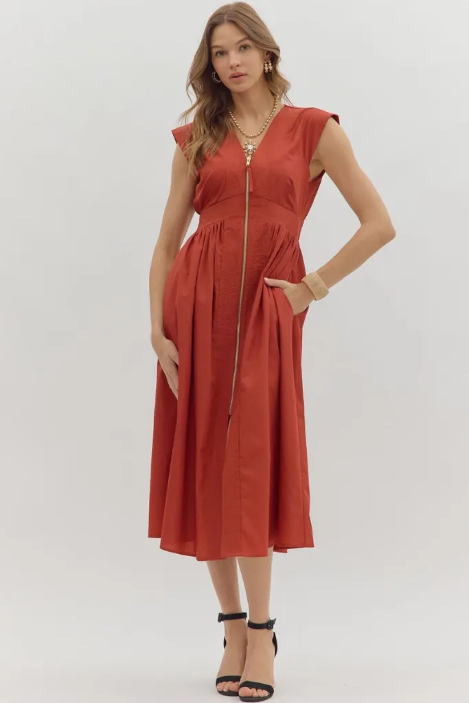 Elizabeth Zip Front Midi Dress in Brick Easy Movement Bright Feel