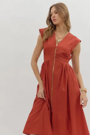 Night Out Style Elizabeth Zip Front Midi Dress in Brick Elizabeth Zip Front Midi Dress in Brick Flow Ready
