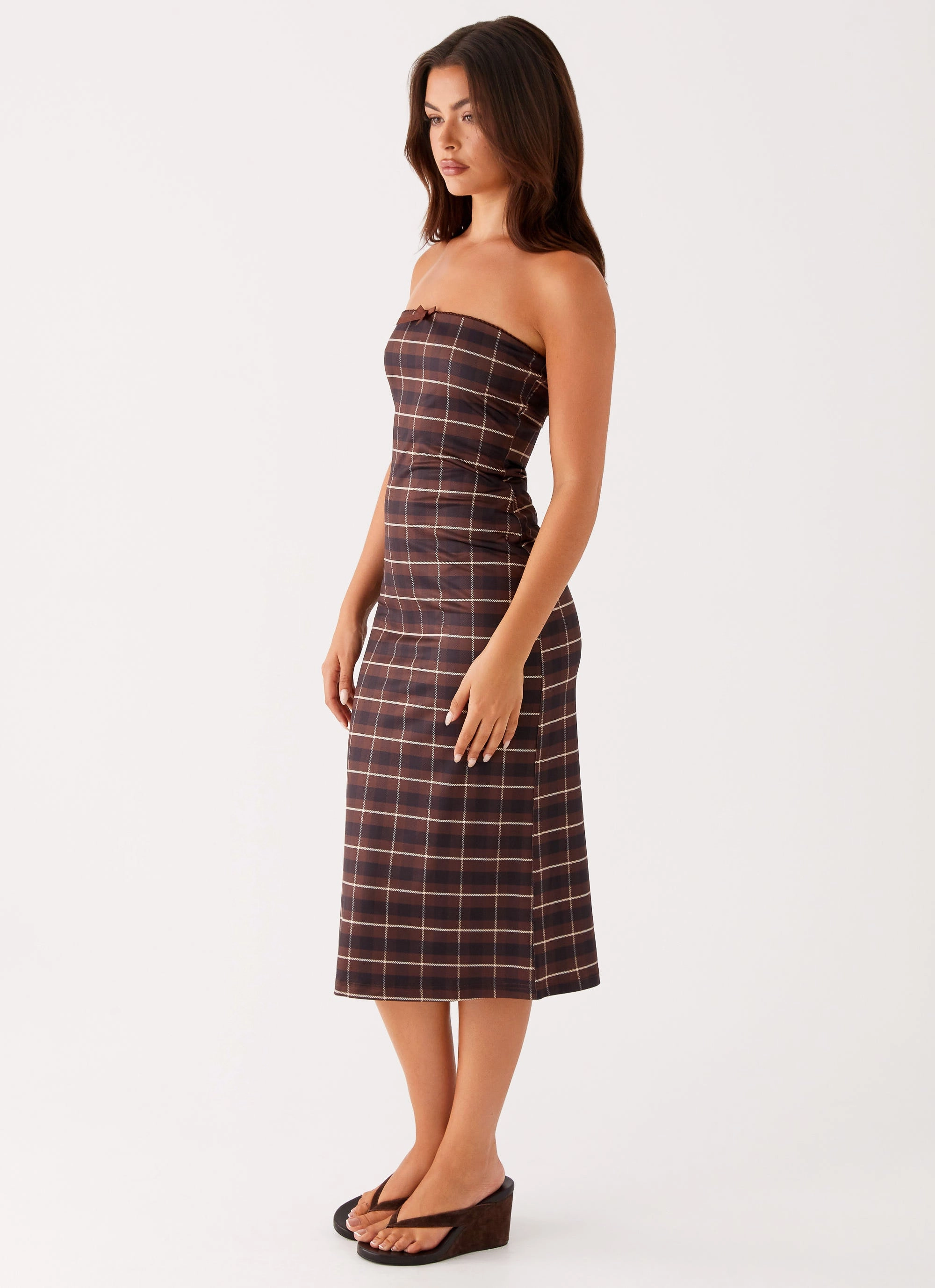 Care-Instructions-Included Niko Strapless Midi Dress - Brown Black Check