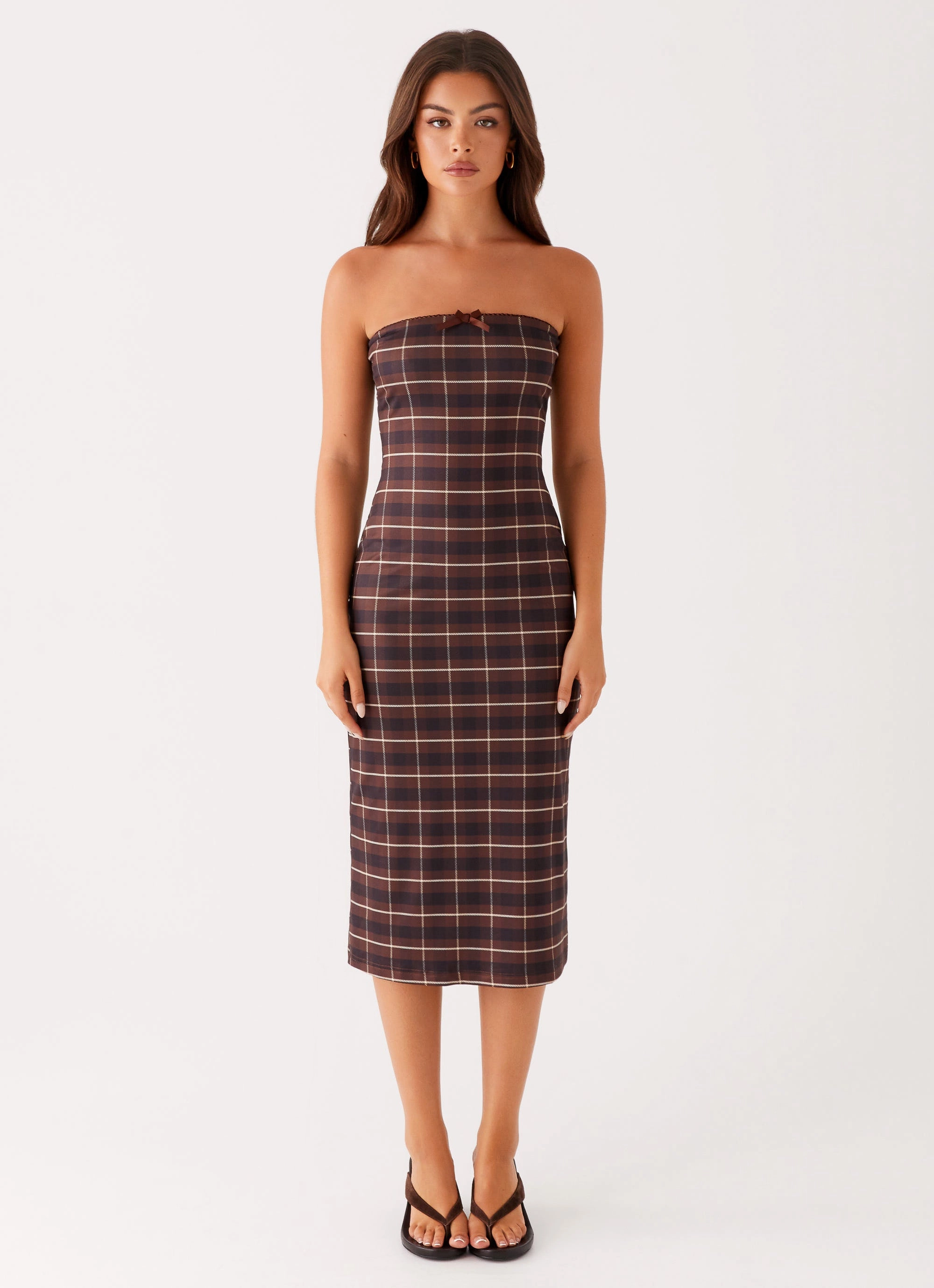 Niko Strapless Midi Dress - Brown Black Check Coral Soft