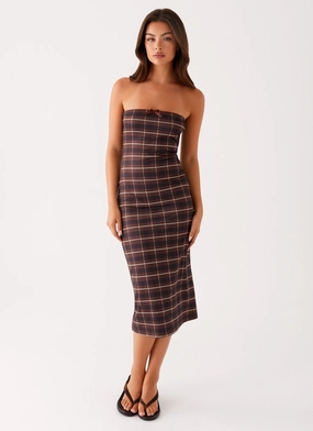 Niko Strapless Midi Dress - Brown Black Check Comfort Layer Niko Strapless Midi Dress - Brown Black Check Mesh-Detail Light Weave
