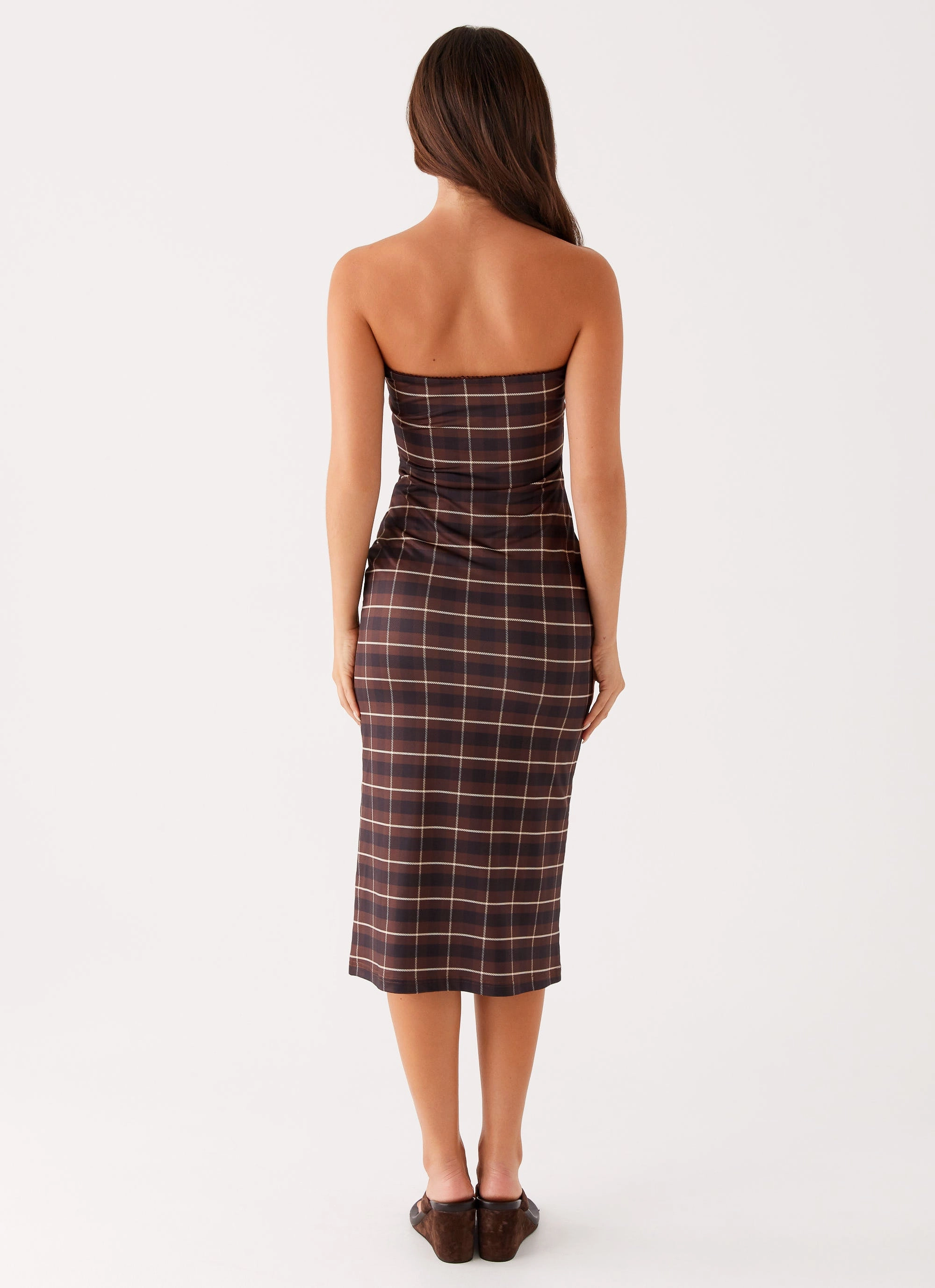 Niko Strapless Midi Dress - Brown Black Check Social Ease