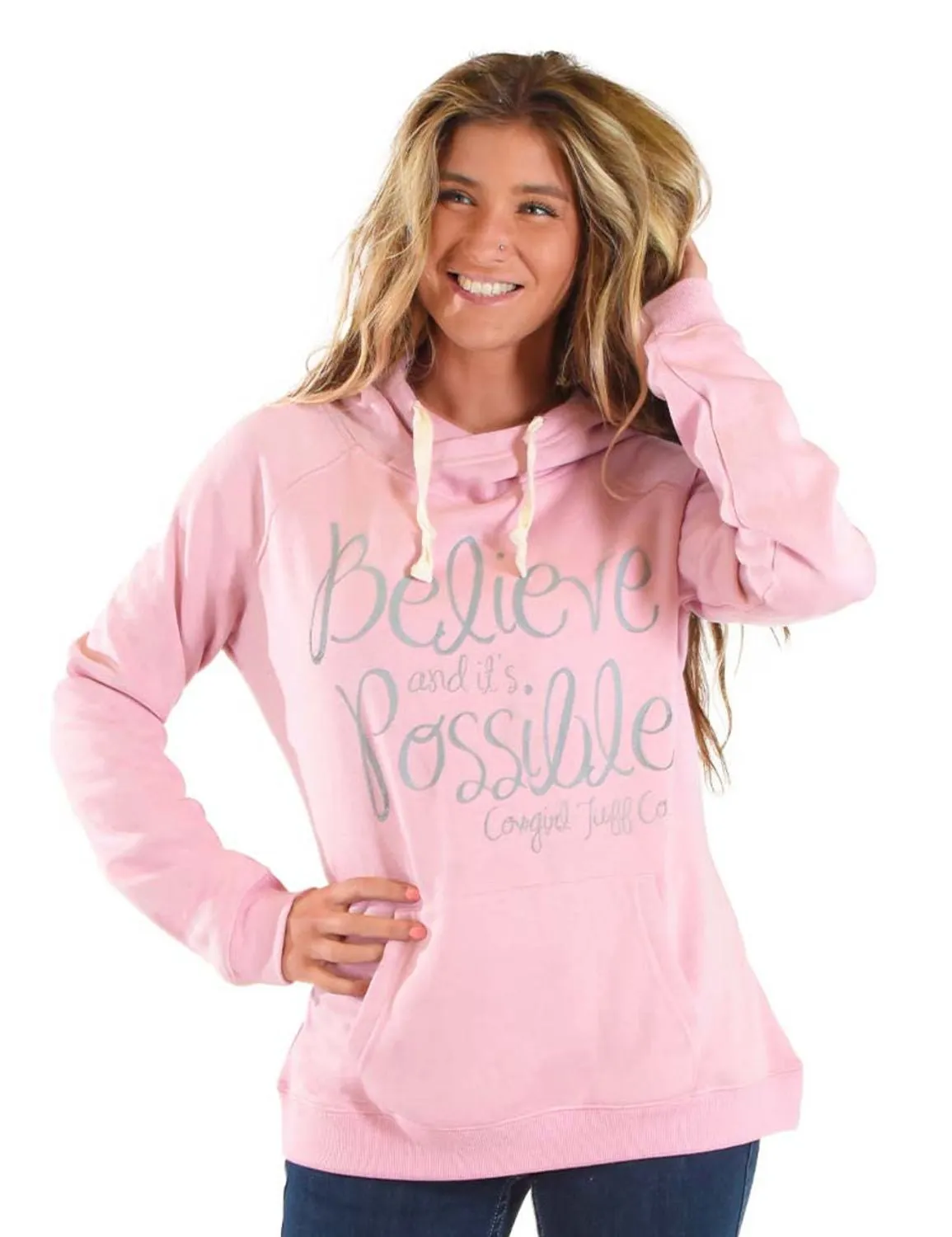 Cowgirl Tuff Womens Gray Believe Pink Poly/Rayon Hoodie Artist Vibe Everyday Timeless Piece