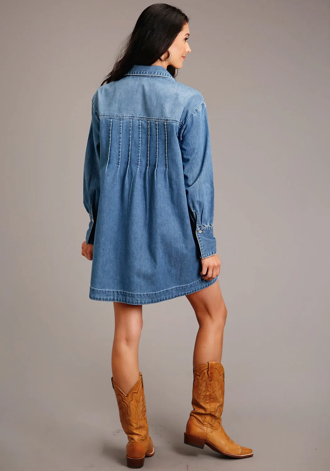 Stetson Womens Pleated Short Blue 100% Cotton L/S Dress Elegant Travel Outfit Minimalist Style Go-To Choice