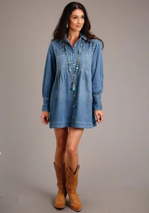 No Fade Denim Stetson Womens Pleated Short Blue 100% Cotton L/S Dress Earthy Streetwear Fan Nature Lover Wardrobe Fit Stetson Womens Pleated Short Blue 100% Cotton L/S Dress
