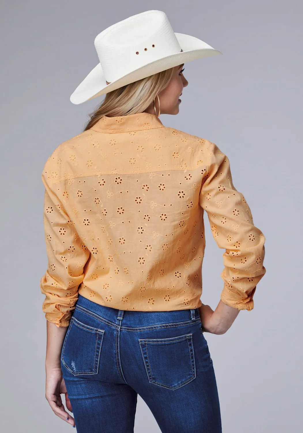 Roper Womens Boyfriend Eyelets Yellow/Gold 100% Cotton L/S Blouse Spring Trend Workwear Style