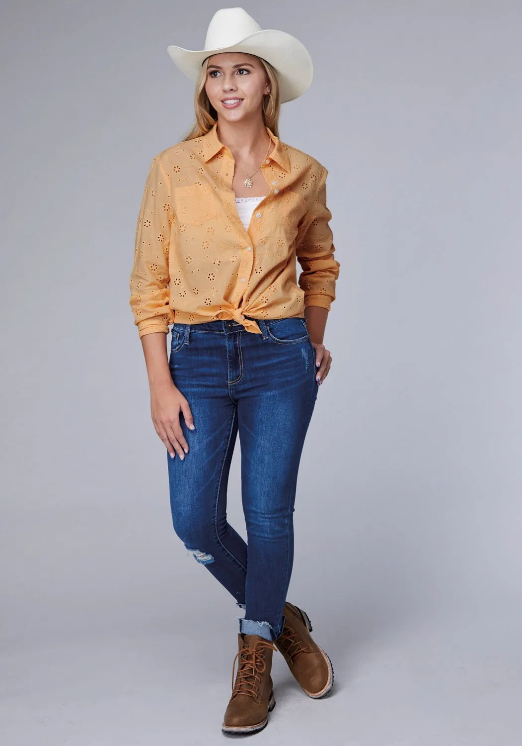 Smart Casual Wear Roper Womens Boyfriend Eyelets Yellow/Gold 100% Cotton L/S Blouse