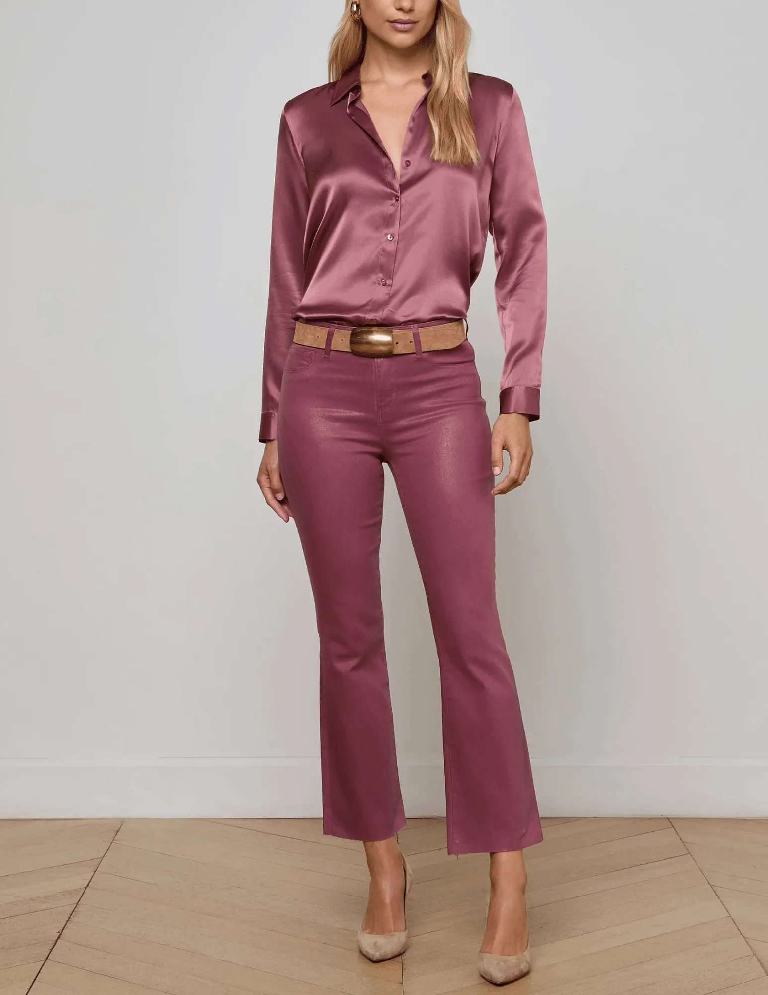 Professional Wear Urban Explorer L'AGENCE Kendra High Rise Cropped Coated Jeans in Deep Mauve
