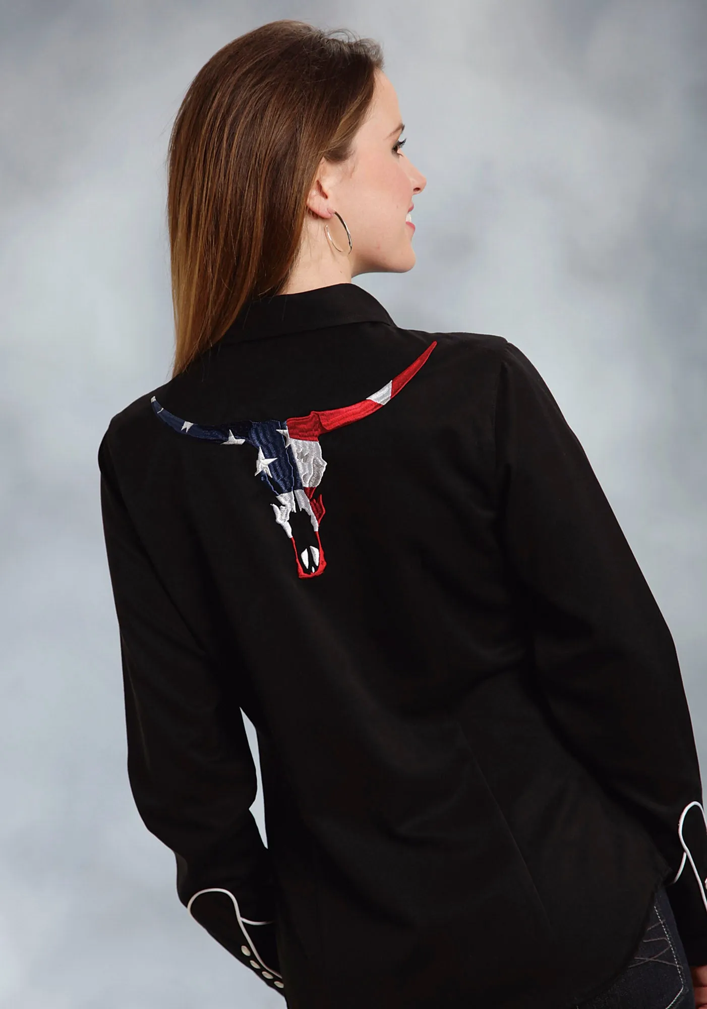 Roper Womens Black Polyester Blend L/S Flag Skull Snap L/S Western Shirt Coastal Vibes