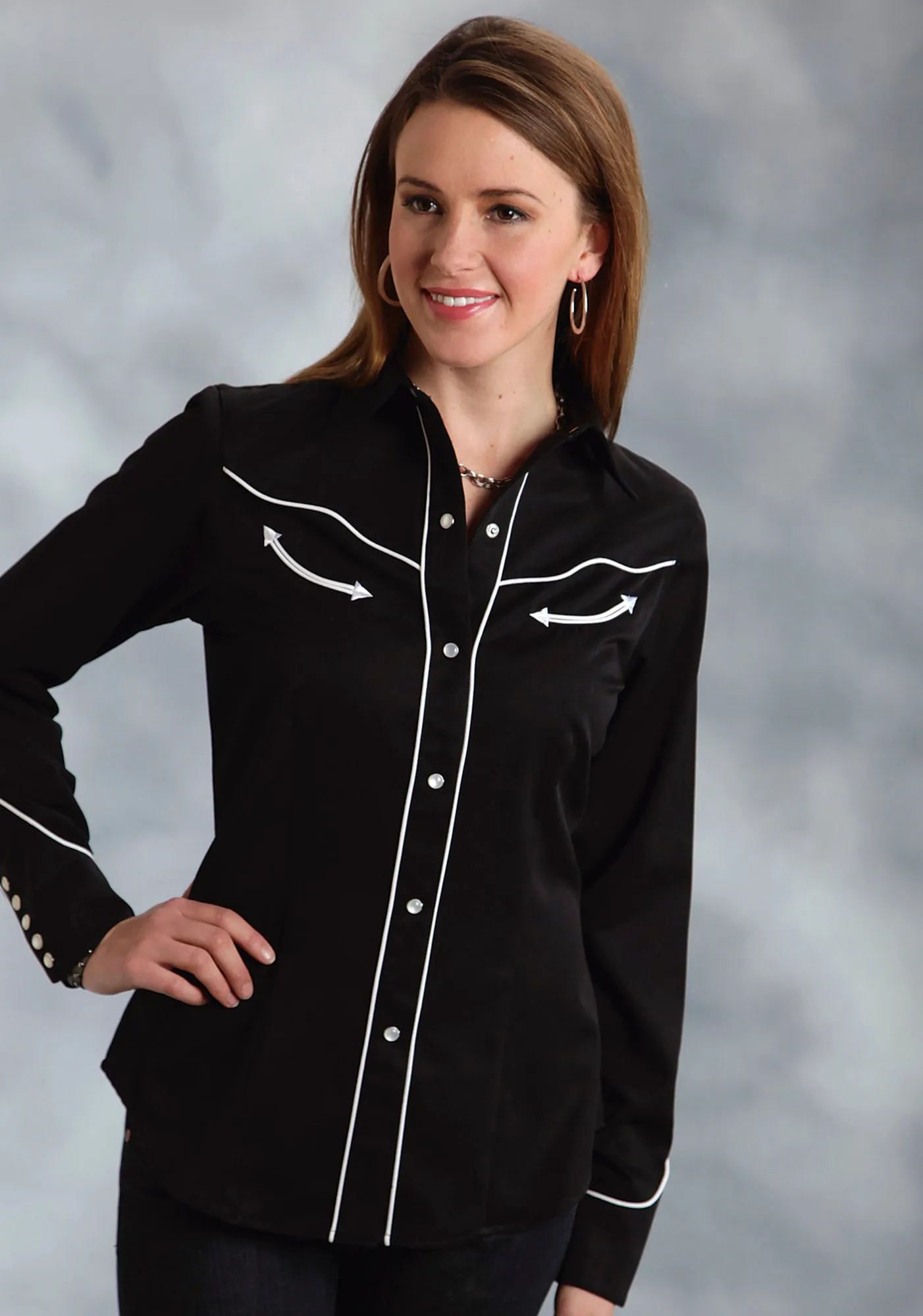 Roper Womens Black Polyester Blend L/S Flag Skull Snap L/S Western Shirt Multipurpose Utility