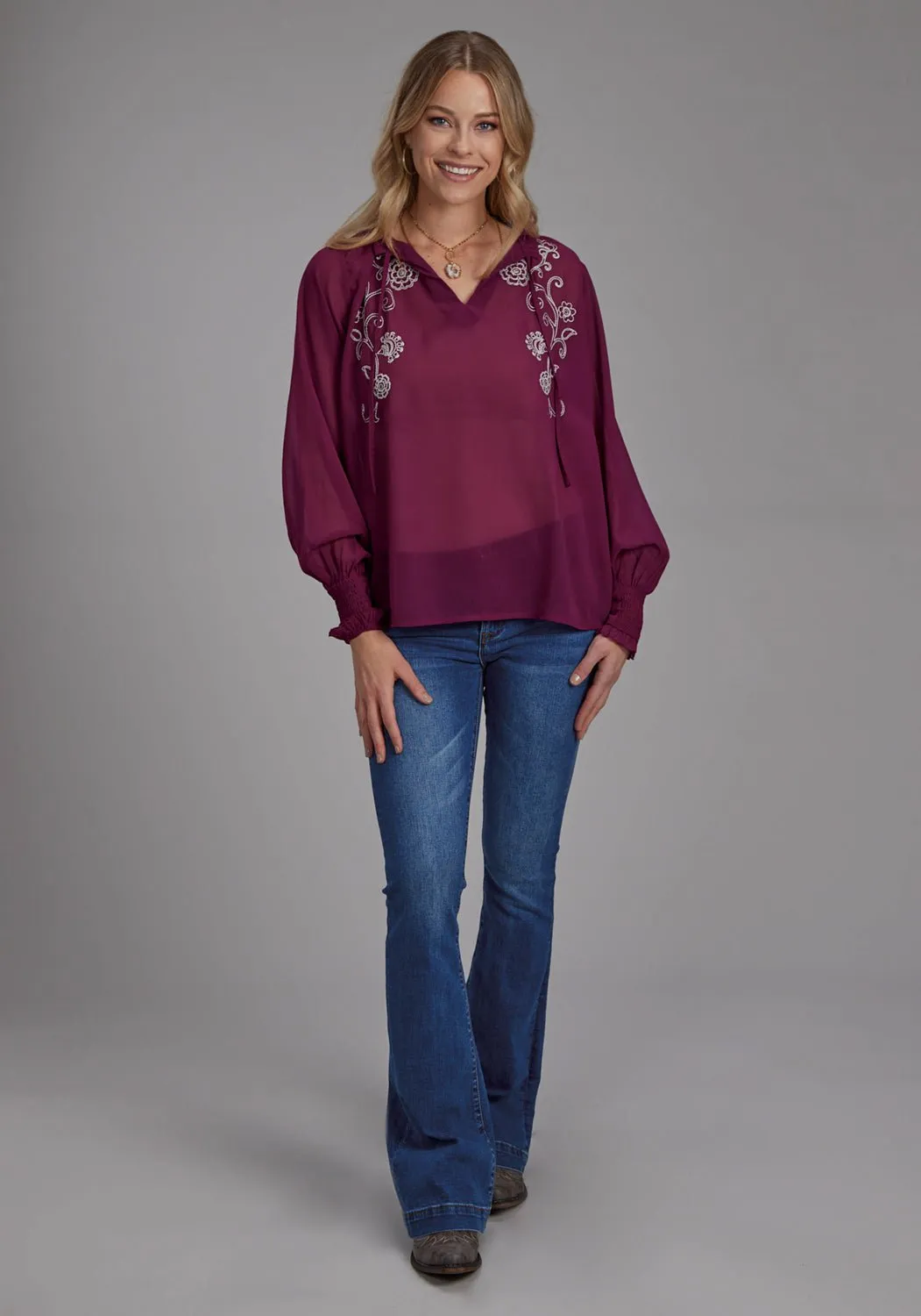 Roper Womens Split Front Keyhole Wine 100% Polyester L/S Blouse Easy Wear Trendy designs