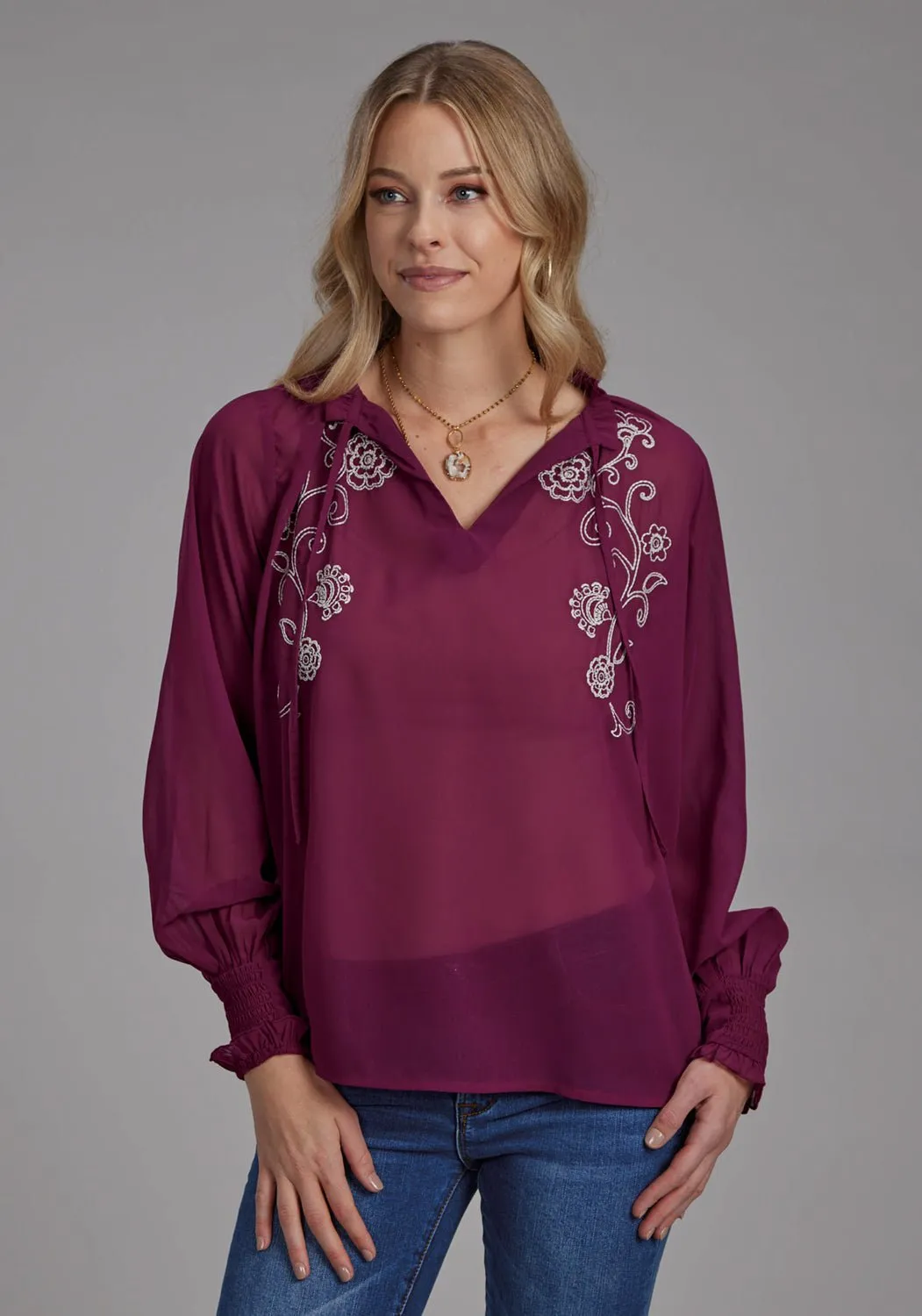 Roper Womens Split Front Keyhole Wine 100% Polyester L/S Blouse Smooth Cotton Blend