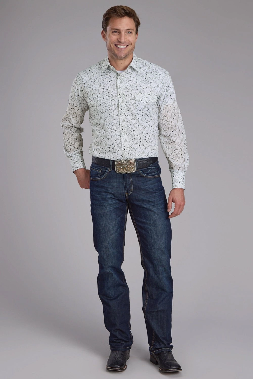 vacation wear Roper Mens 2428 Paisley Black/White Cotton Blend L/S Shirt