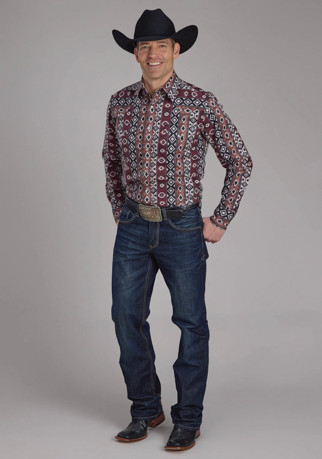 Roper Mens 2178 Winter Aztec Burgundy 100% Cotton L/S Shirt Abrasion Resistant Edging
