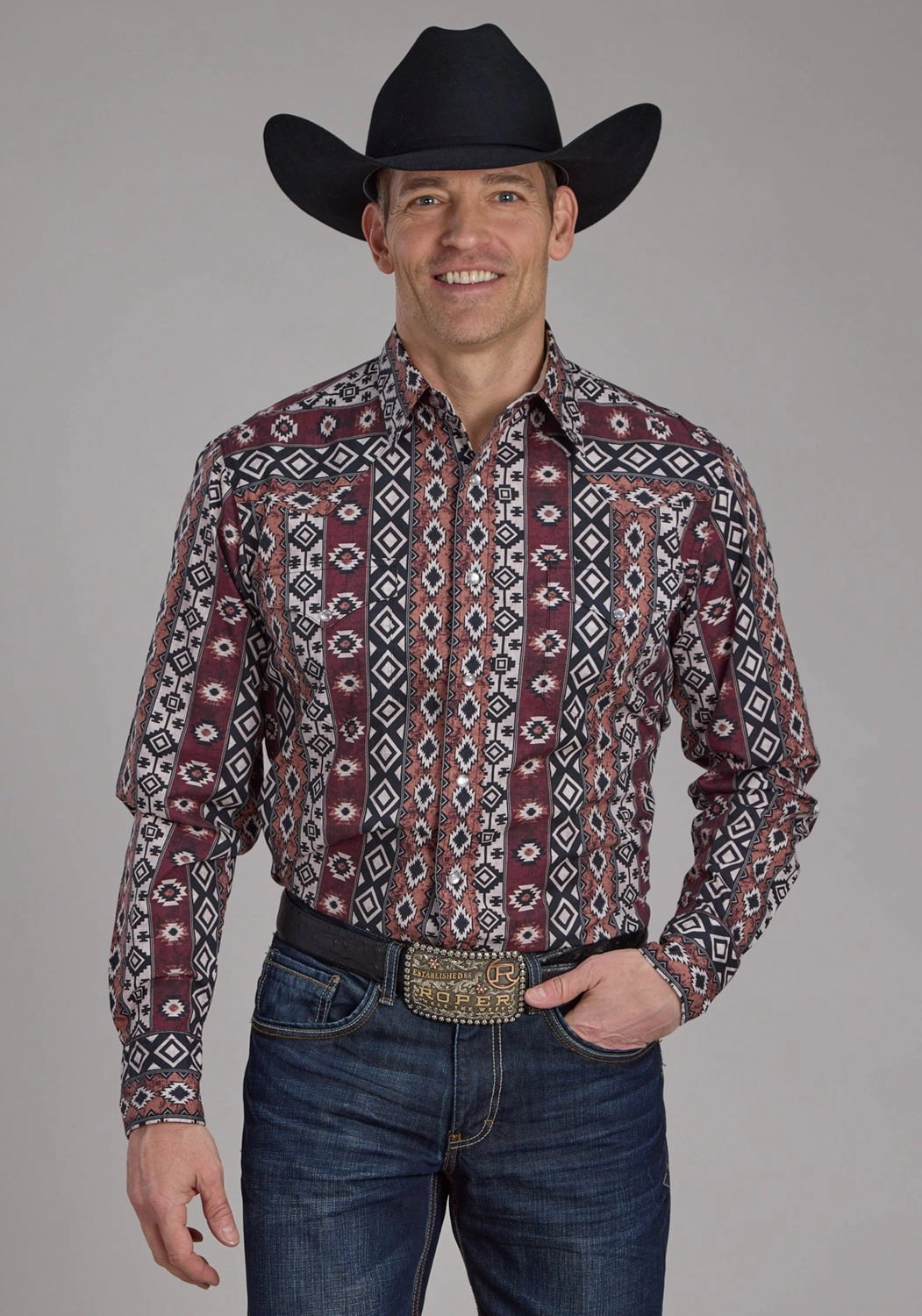 Roper Mens 2178 Winter Aztec Burgundy 100% Cotton L/S Shirt Workwear Approved Warm Weather Wear
