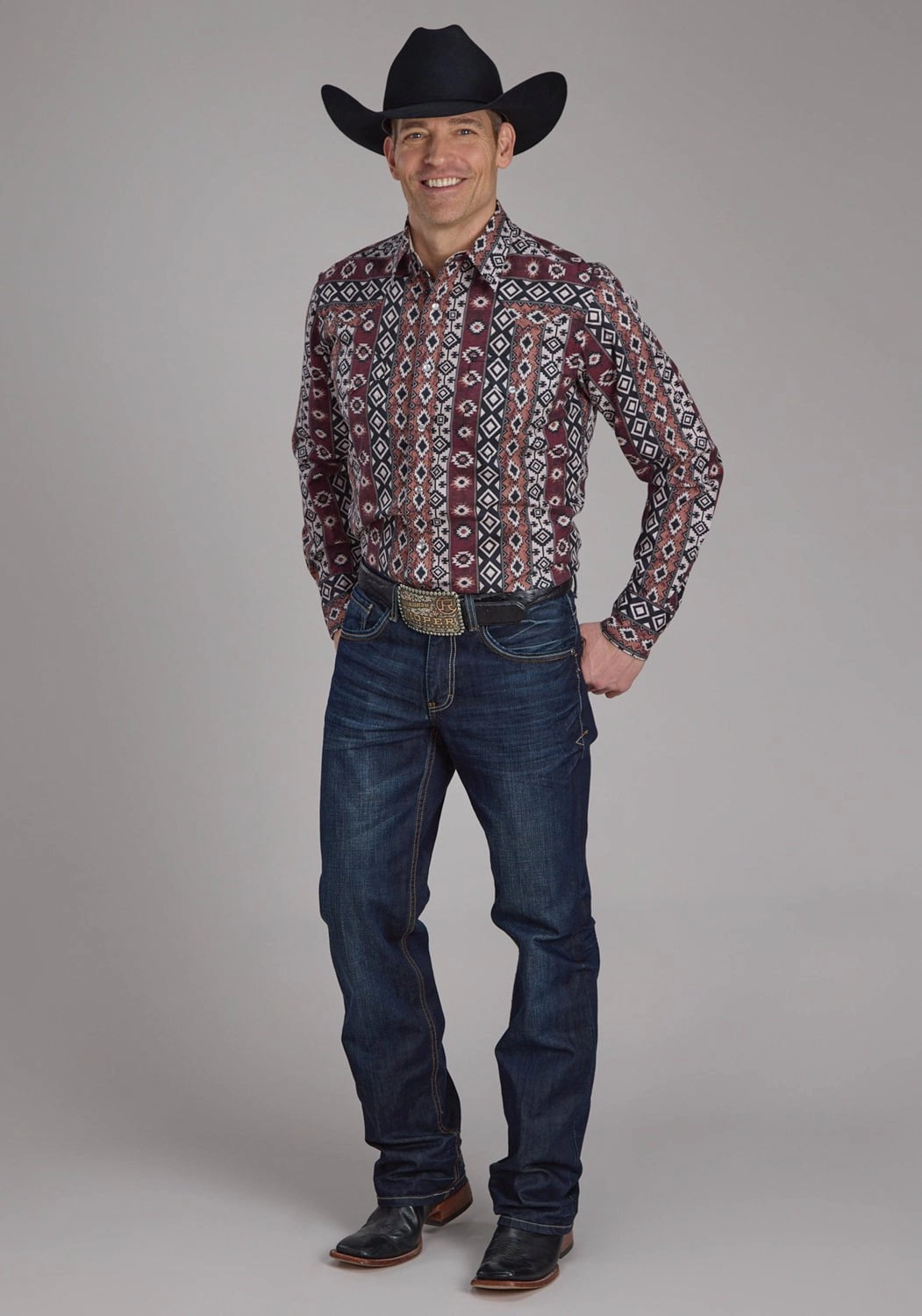 checkered pattern Contemporary Style Roper Mens 2178 Winter Aztec Burgundy 100% Cotton L/S Shirt