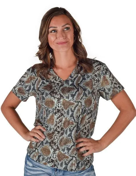 Water Repellent Finish Premium Style Cowgirl Tuff Womens Flowy V-Neck Snake Dusty Blue Poly/Spandex S/S T-Shirt