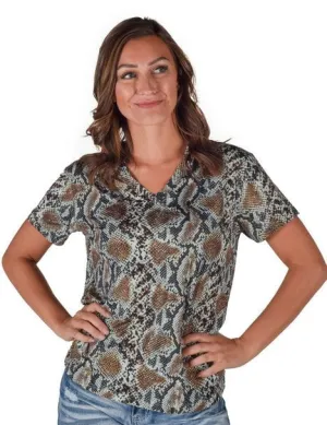 Noise Free Fabric Texture Cowgirl Tuff Womens Flowy V-Neck Snake Dusty Blue Poly/Spandex S/S T-Shirt Water Repellent Finish Premium Style Cowgirl Tuff Womens Flowy V-Neck Snake Dusty Blue Poly/Spandex S/S T-Shirt