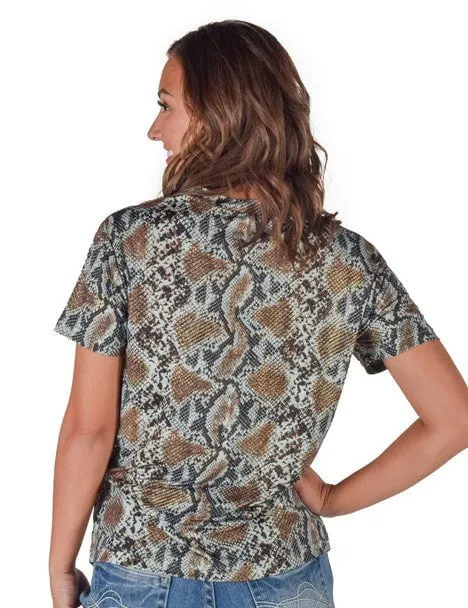 Cowgirl Tuff Womens Flowy V-Neck Snake Dusty Blue Poly/Spandex S/S T-Shirt Cruise Collection Abrasion Resistant Edging
