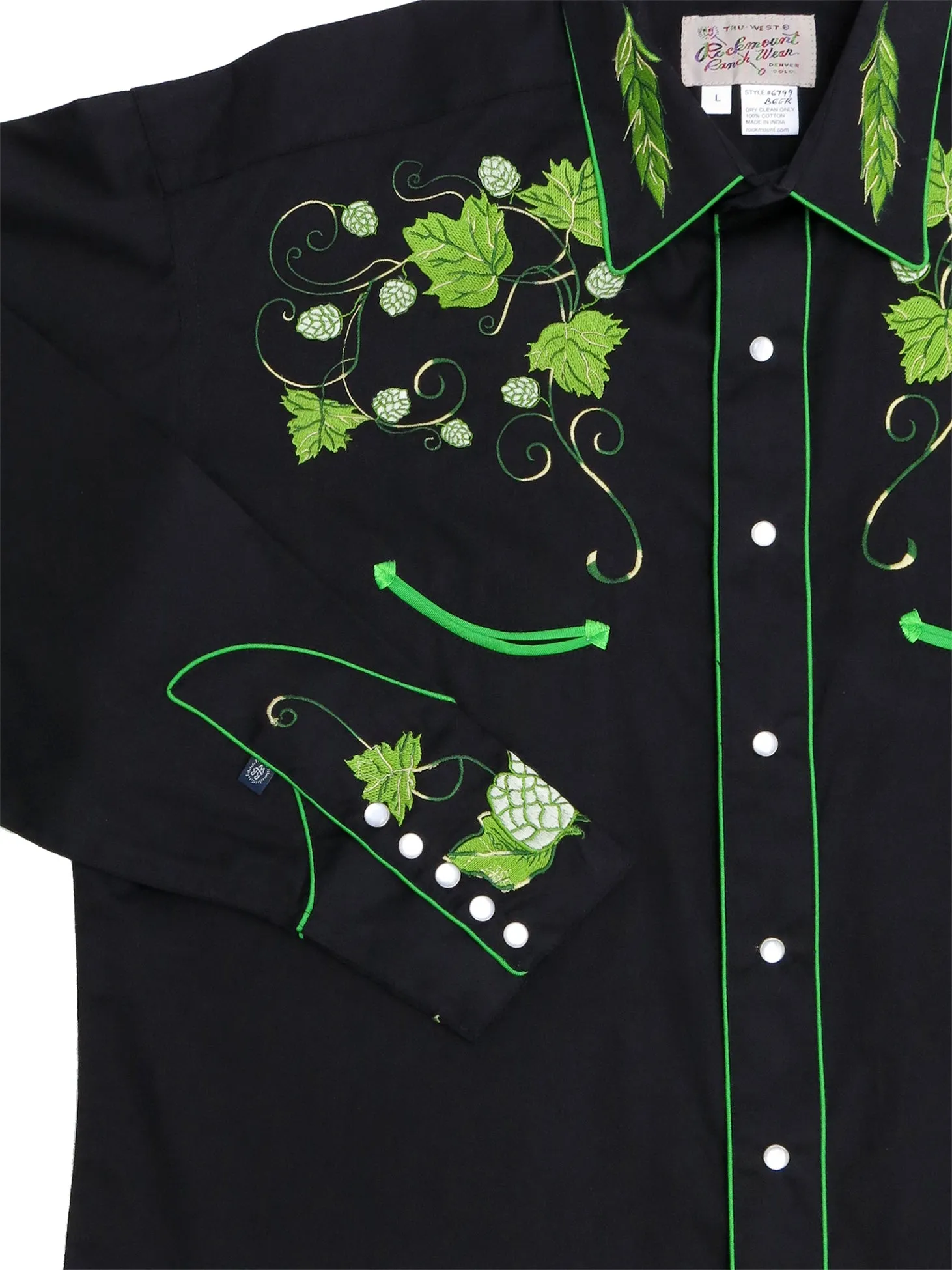 Youthful Appeal Minimalist Look Rockmount Mens Black 100% Cotton L/S Western Shirt Vintage Hops Embroidered