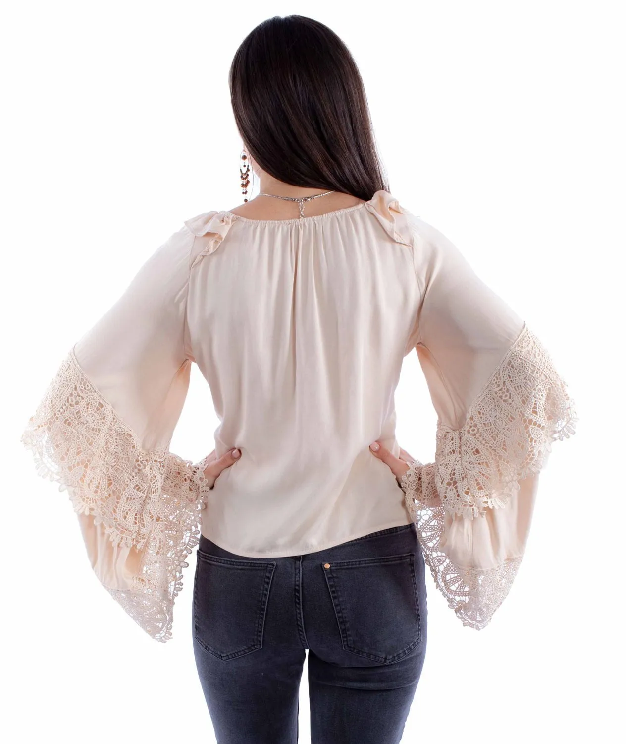 Casual Elegance Scully Womens Ruffle Crochet Champagne 100% Rayon L/S Blouse