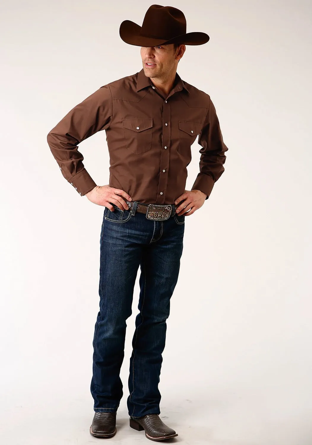 Trendy Look Non Static Finish Roper Mens Warm Brown Cotton Blend 55/45 Broadcloth L/S Shirt