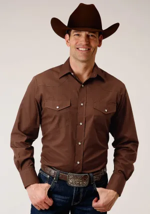 Non Chafe Lining Roper Mens Warm Brown Cotton Blend 55/45 Broadcloth L/S Shirt Double Stitched Hems Job Interview Roper Mens Warm Brown Cotton Blend 55/45 Broadcloth L/S Shirt