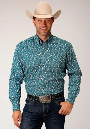 Non Iron Construction Roper Mens Turquoise 100% Cotton Upstream Paisley BD L/S 1 Pkt Shirt Roper Mens Turquoise 100% Cotton Upstream Paisley BD L/S 1 Pkt Shirt Pocket Detailing