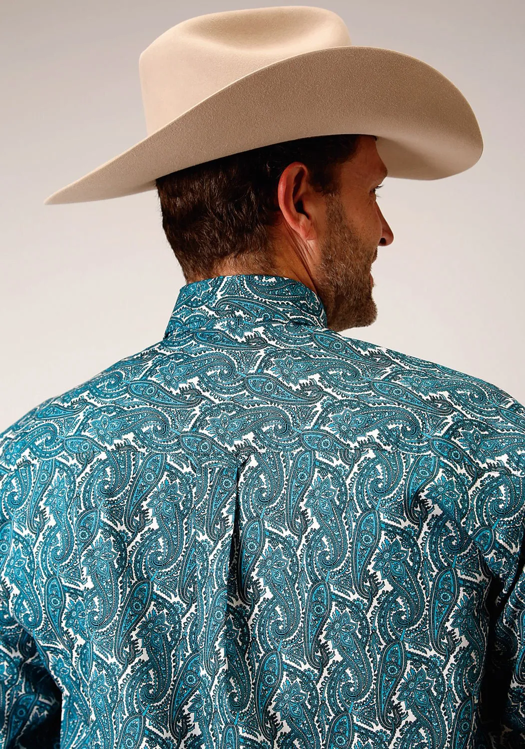Edgy Fashion High-Quality Fabric Roper Mens Turquoise 100% Cotton Upstream Paisley BD L/S 1 Pkt Shirt