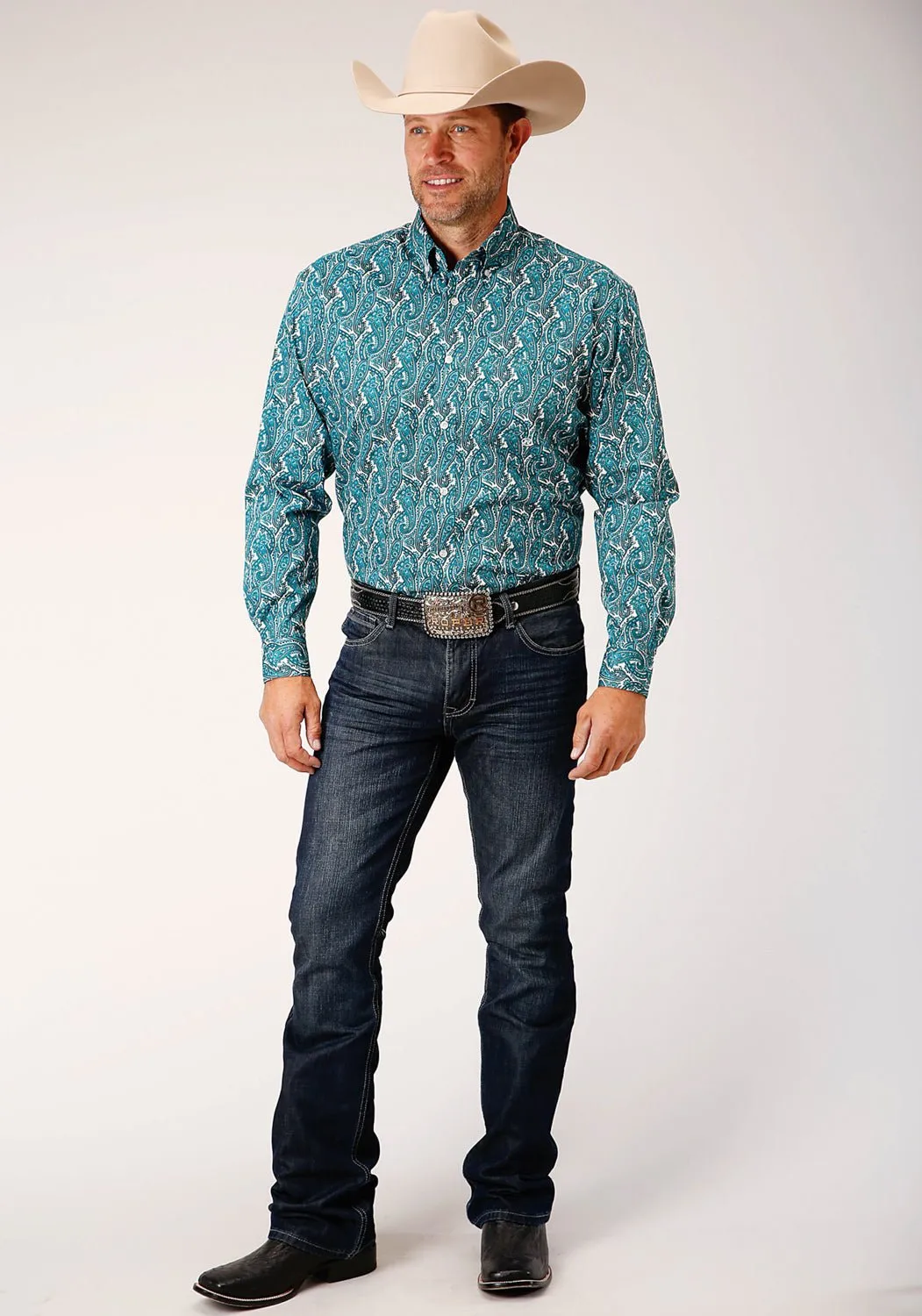 Reinforced Hems Long Sleeve Roper Mens Turquoise 100% Cotton Upstream Paisley BD L/S 1 Pkt Shirt