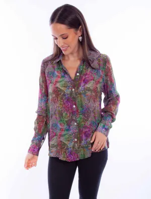 Non Iron Construction Scully Womens Vivid Distressed Multi-Color Rayon L/S Blouse bohemian flair Scully Womens Vivid Distressed Multi-Color Rayon L/S Blouse