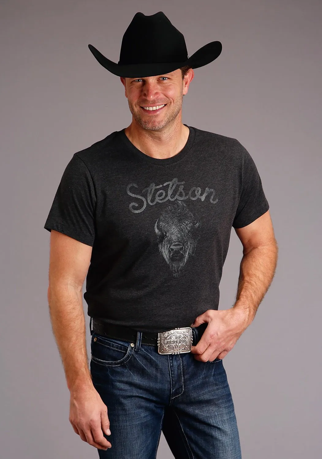 Stetson Mens Black Cotton Blend Buffalo Head S/S T-Shirt Gradient effect