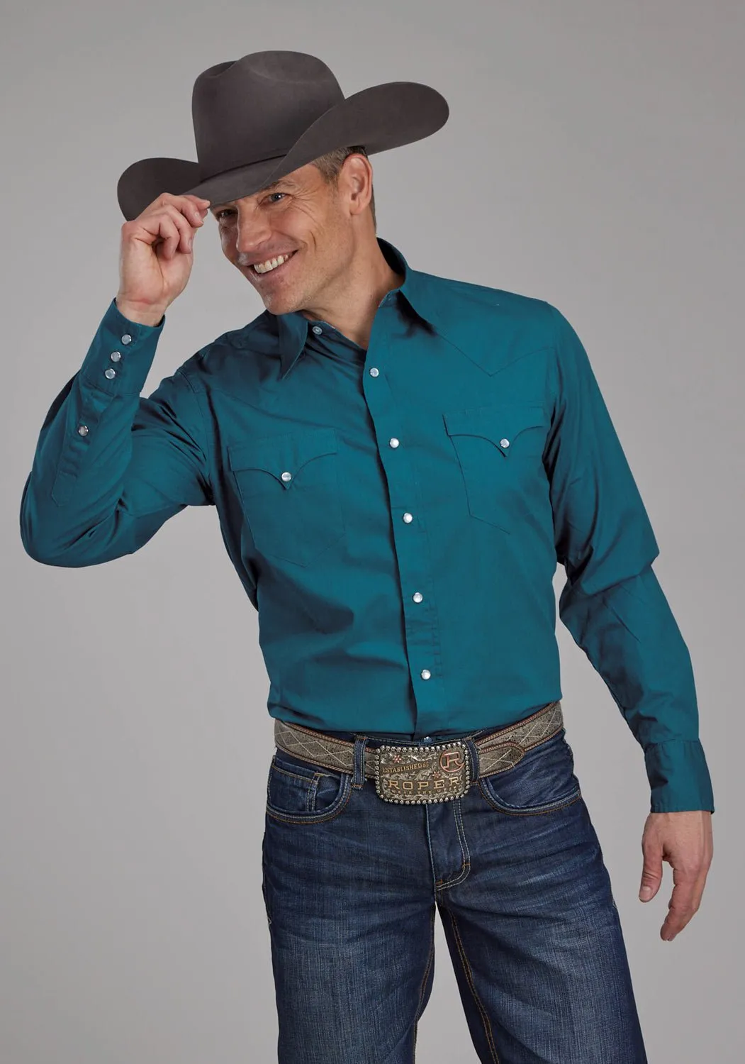 Roper Mens 2221 Poplin Teal 100% Cotton L/S Shirt Premium Comfort Comfy Fit