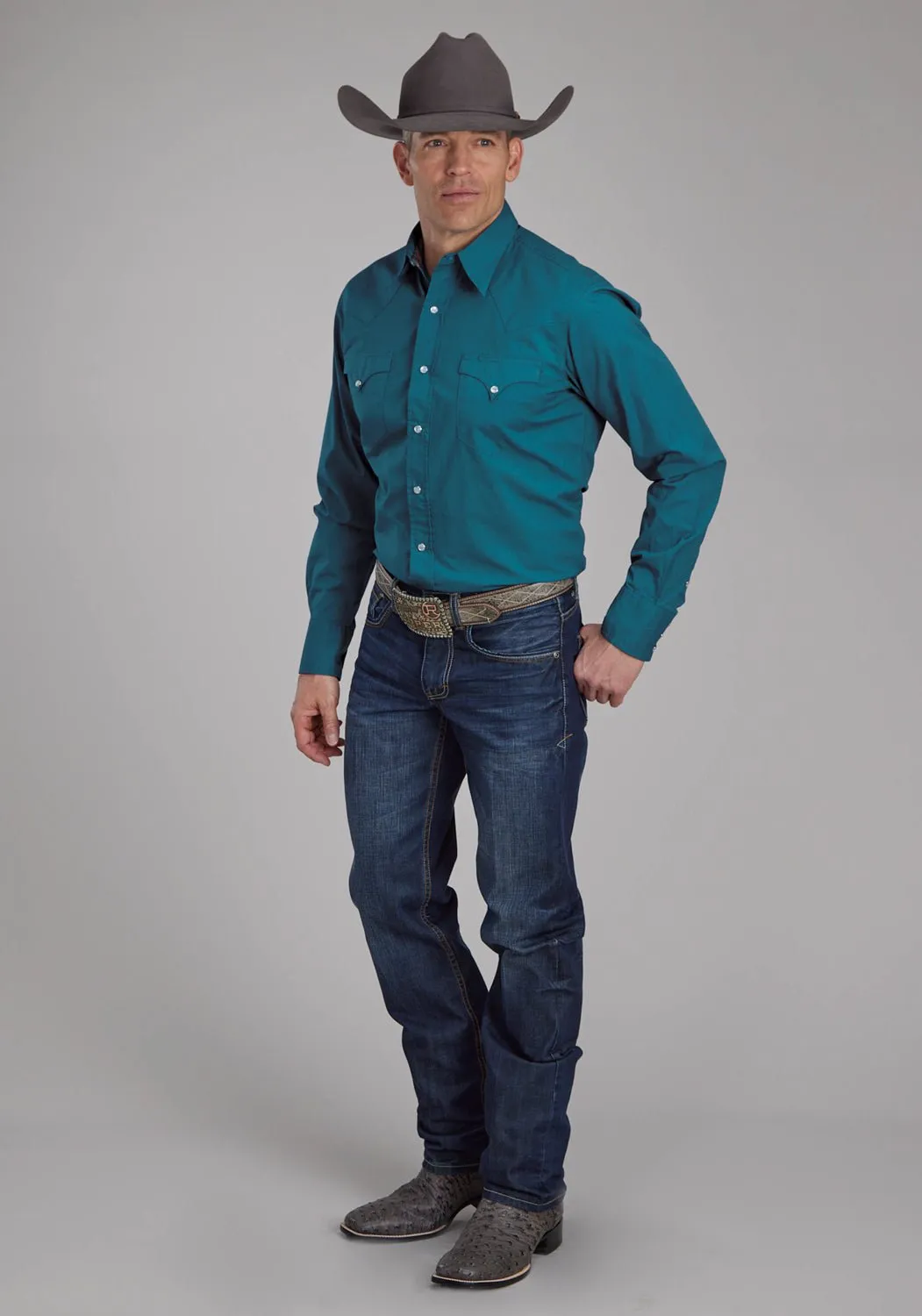 Roper Mens 2221 Poplin Teal 100% Cotton L/S Shirt Tagless Design fade resistant color