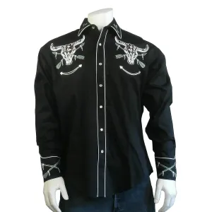 Non Irritating Tags Rockmount Mens Steer Skull and Arrow Black 100% Cotton L/S Shirt Bold Statement Non Irritating Seams Rockmount Mens Steer Skull and Arrow Black 100% Cotton L/S Shirt