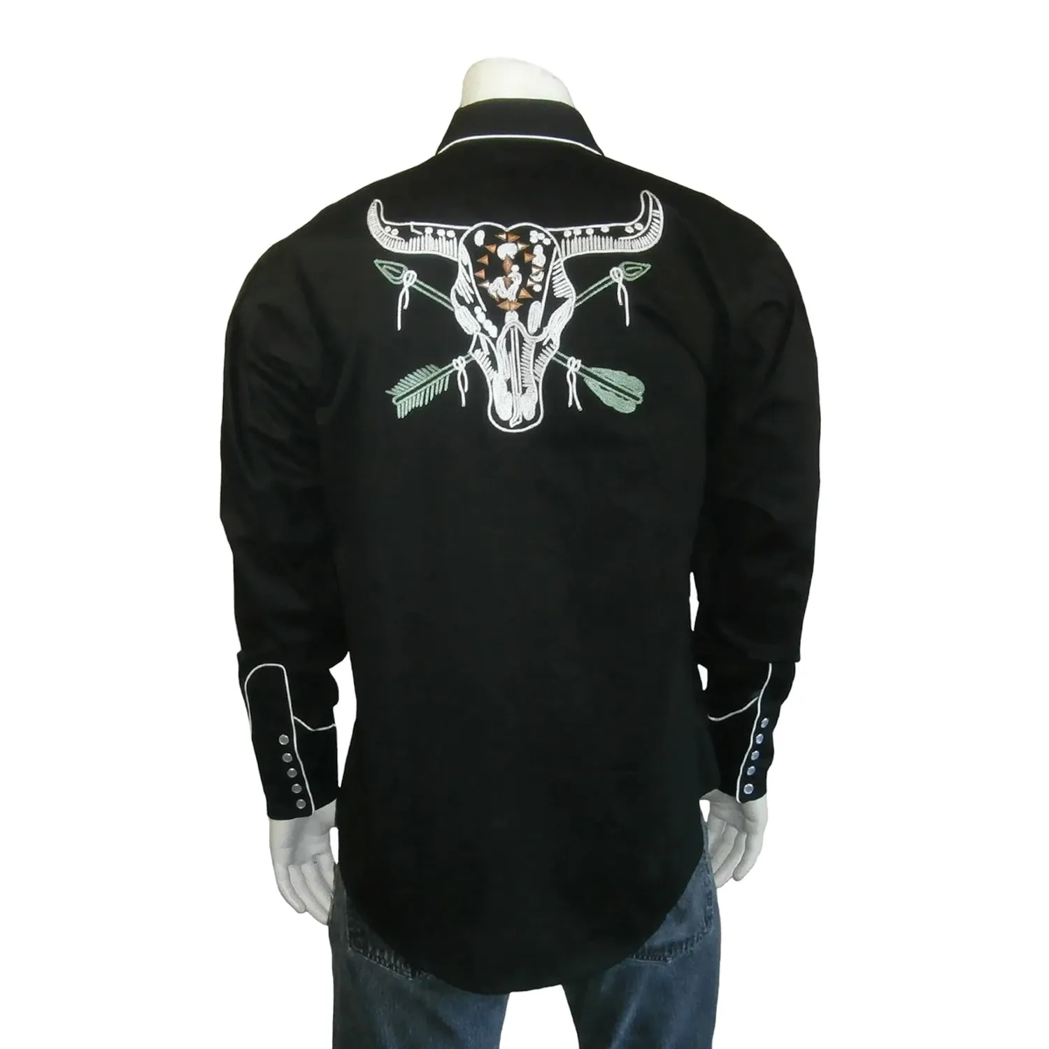 color block Anti Cling Fabric Rockmount Mens Steer Skull and Arrow Black 100% Cotton L/S Shirt