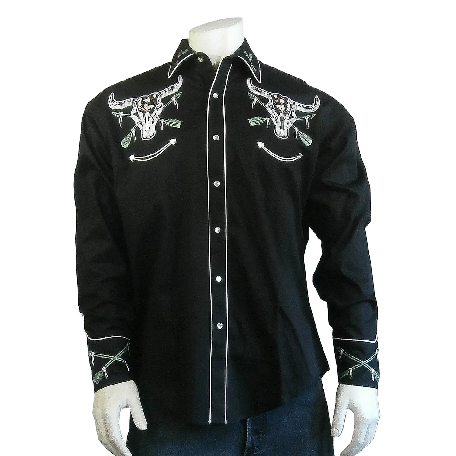 Bold Statement Non Irritating Seams Rockmount Mens Steer Skull and Arrow Black 100% Cotton L/S Shirt