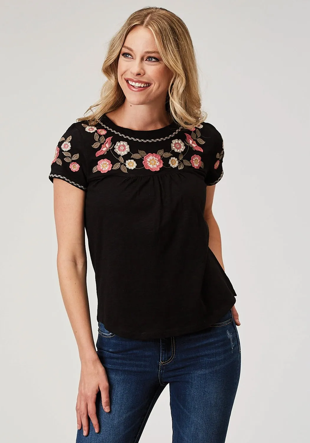 Roper Womens Cute Peasant Black 100% Cotton S/S Tunic Contemporary Look