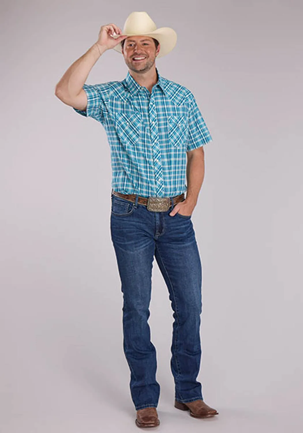 Summer Vibes Glossy Texture Roper Mens 2466 Ocean Dobby Blue 100% Cotton S/S Shirt