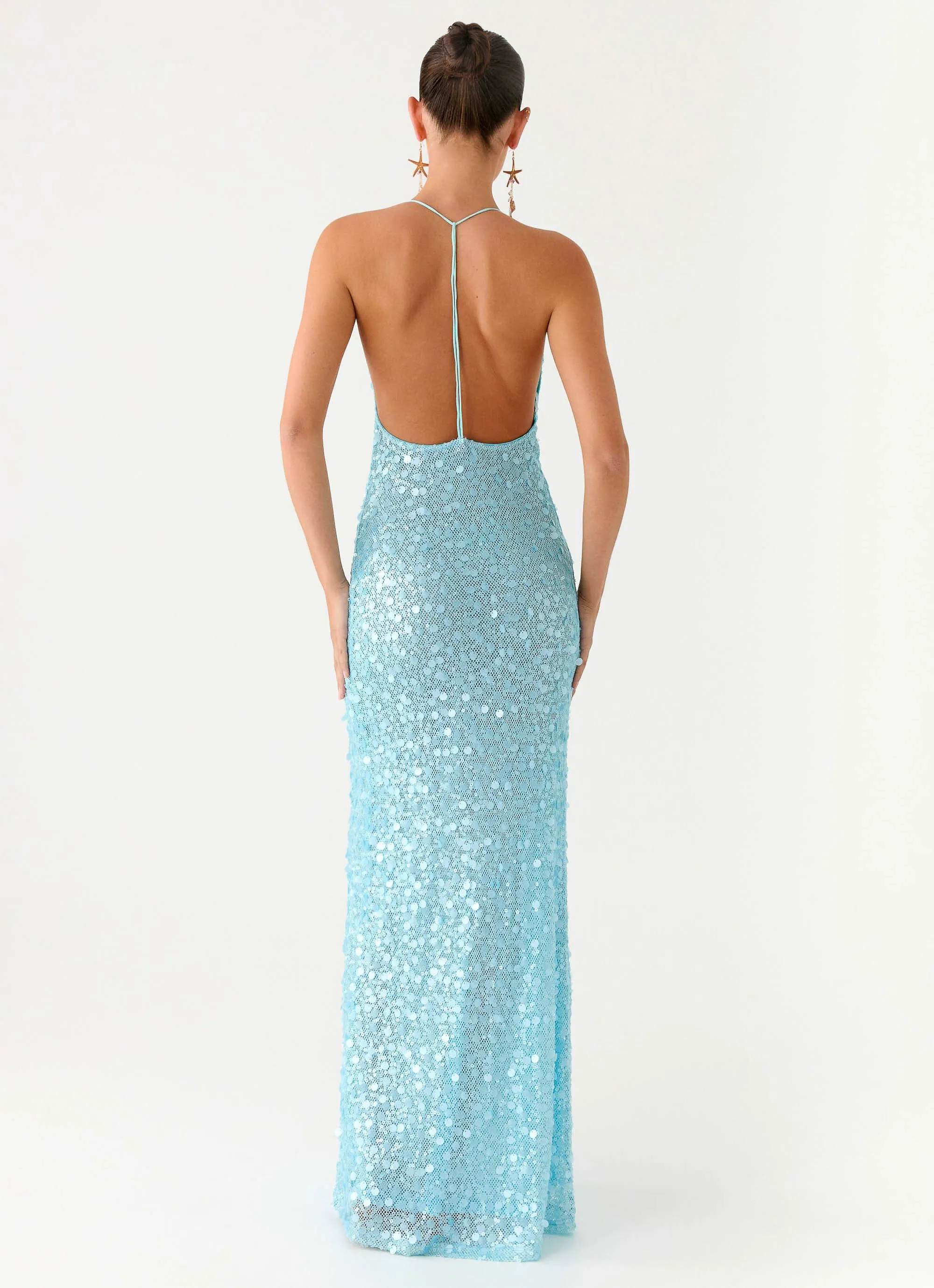 Ocean Views Sequin Maxi Dress - Blue Feminine Layers Brunch Fit
