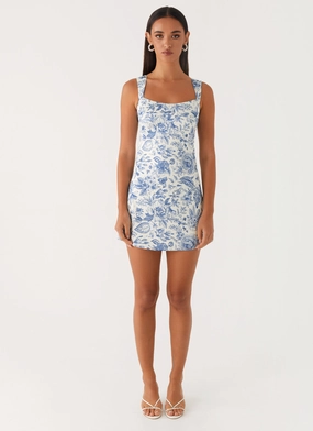 Odette Satin Mini Dress - Blue Paisley Contemporary Layers Stud-Detail Odette Satin Mini Dress - Blue Paisley