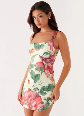 Odette Satin Mini Dress - Yellow Floral Stylish Touch Odette Satin Mini Dress - Yellow Floral Evening Chic