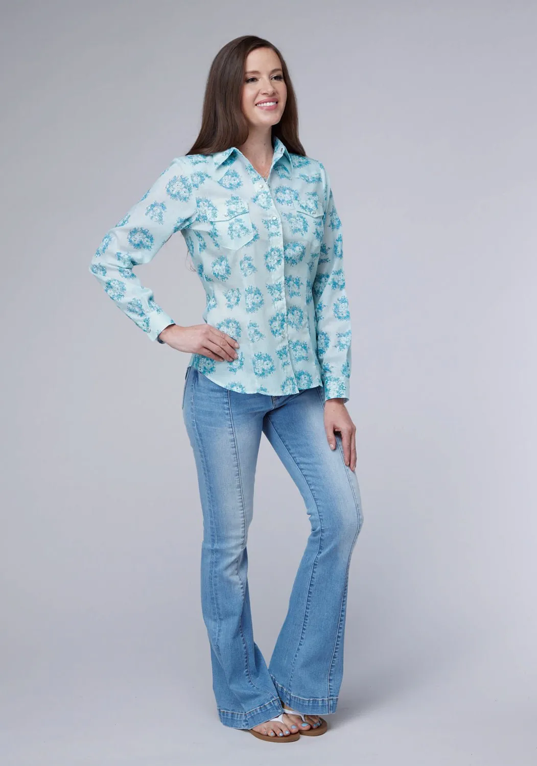 Checkered Print Roper Womens 2066 Floral Print Blue Cotton Blend L/S Shirt