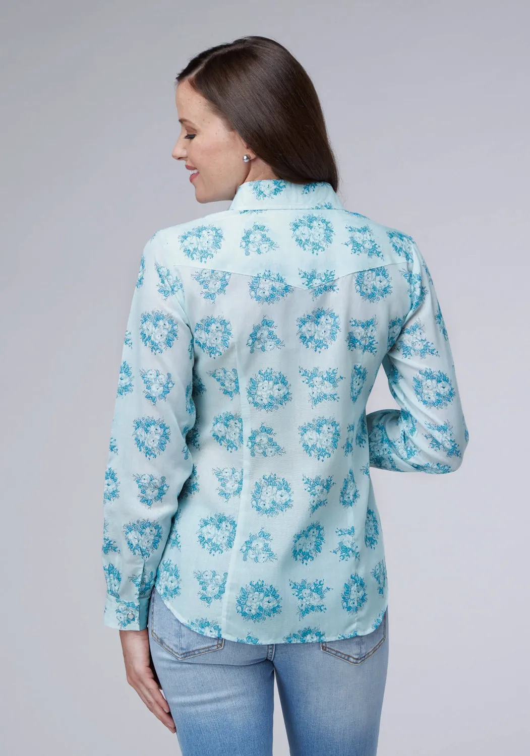 Low Maintenance Roper Womens 2066 Floral Print Blue Cotton Blend L/S Shirt