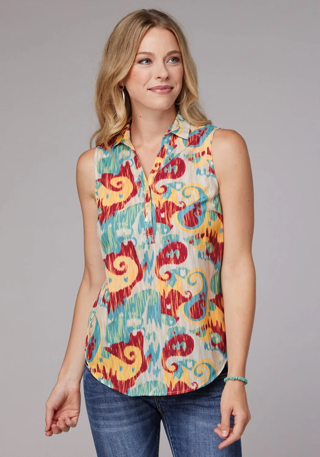 Roper Womens 2073 Ikat Paisley Multi-Color 100% Polyester S/L Blouse Wardrobe Essential