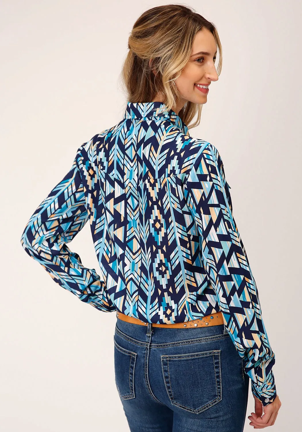Thermoregulating Fabric Roper Womens Modern Aztec Blue Rayon/Nylon L/S Shirt