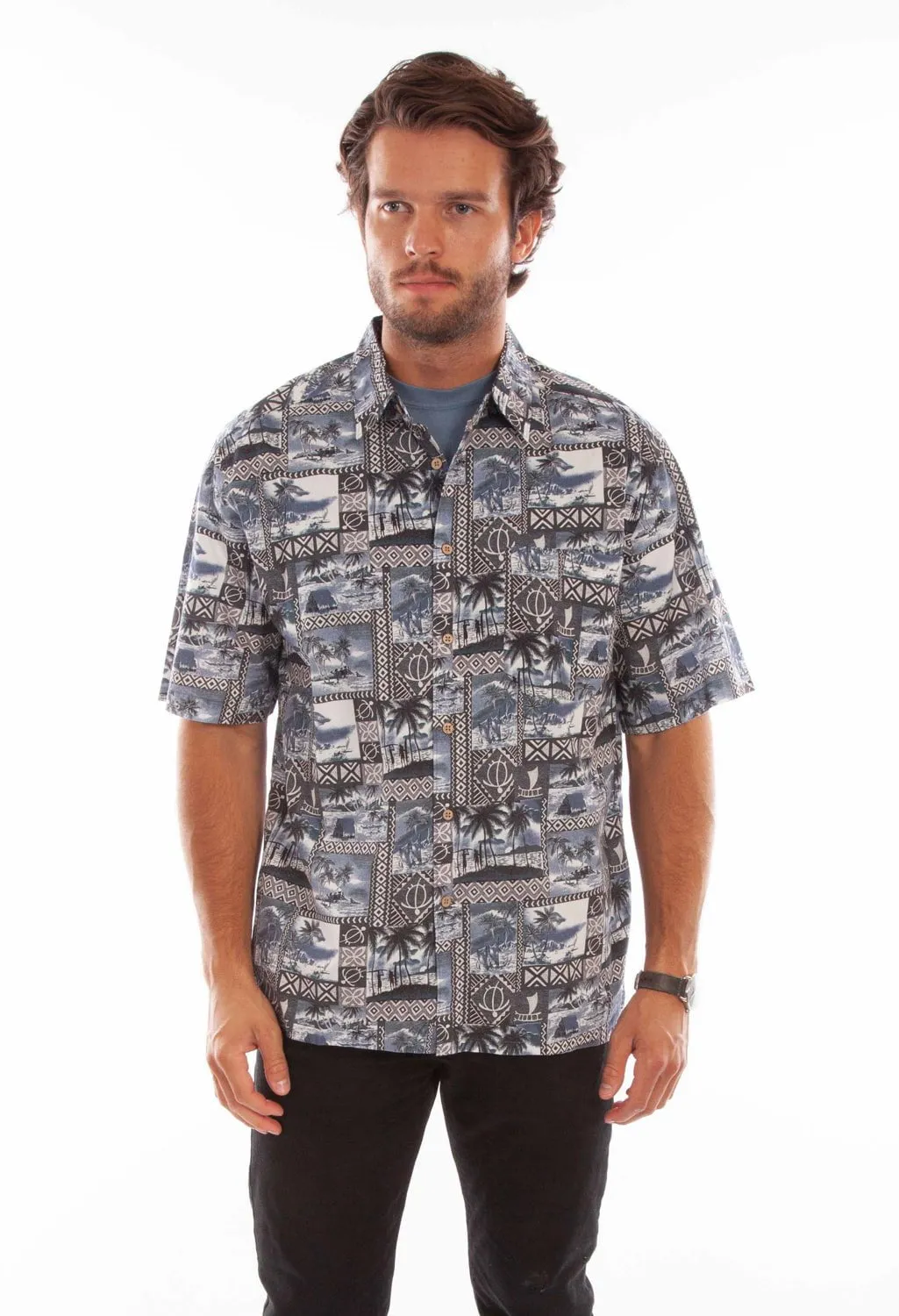 Sleeveless Cut Scully Mens Hawaiian Island Midnight Sky 100% Cotton S/S Shirt