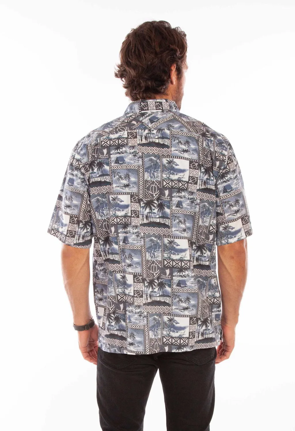 Scully Mens Hawaiian Island Midnight Sky 100% Cotton S/S Shirt Trendsetting Design Linen blend