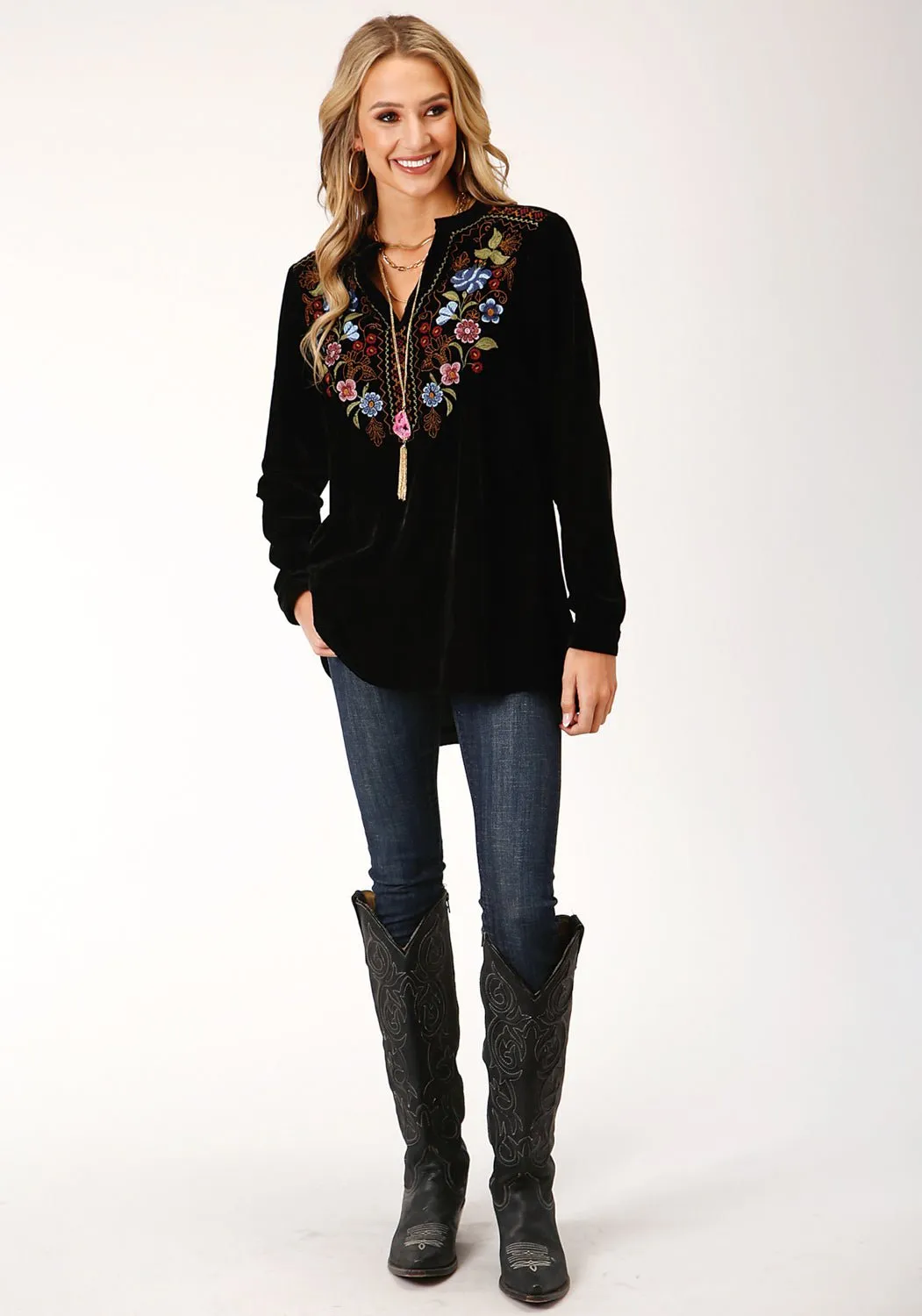 Wardrobe Must-Have Lightweight Feel Roper Womens 1421 Floral Velvet Black 100% Polyester L/S Tunic