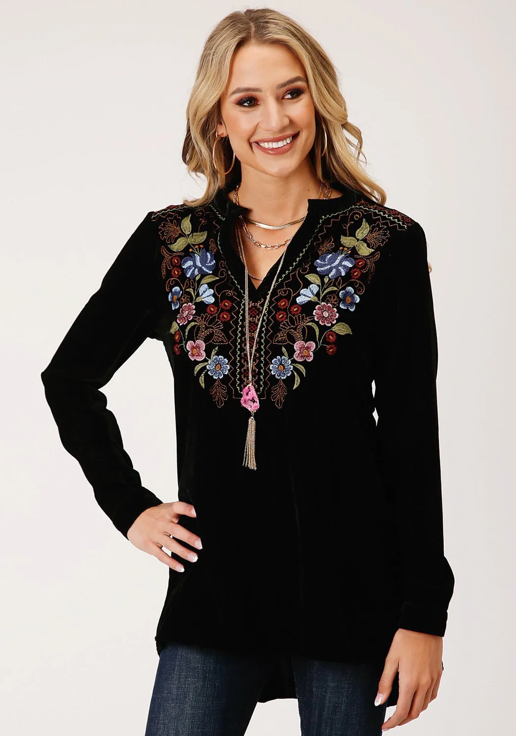 Organic Cotton Roper Womens 1421 Floral Velvet Black 100% Polyester L/S Tunic